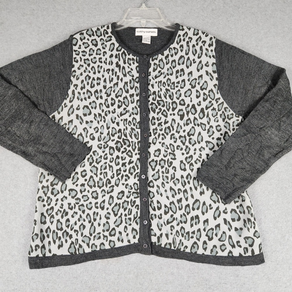 Cathy Daniels Cardigan Women XL Gray Leopard Print Mixed Media Knit Button Front